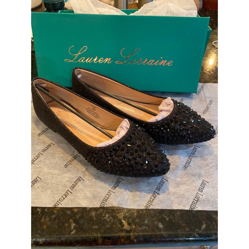 Brand New Lauren Lorraine Women's Size 5.5 Black Rhinestone Flats Pointed Toe